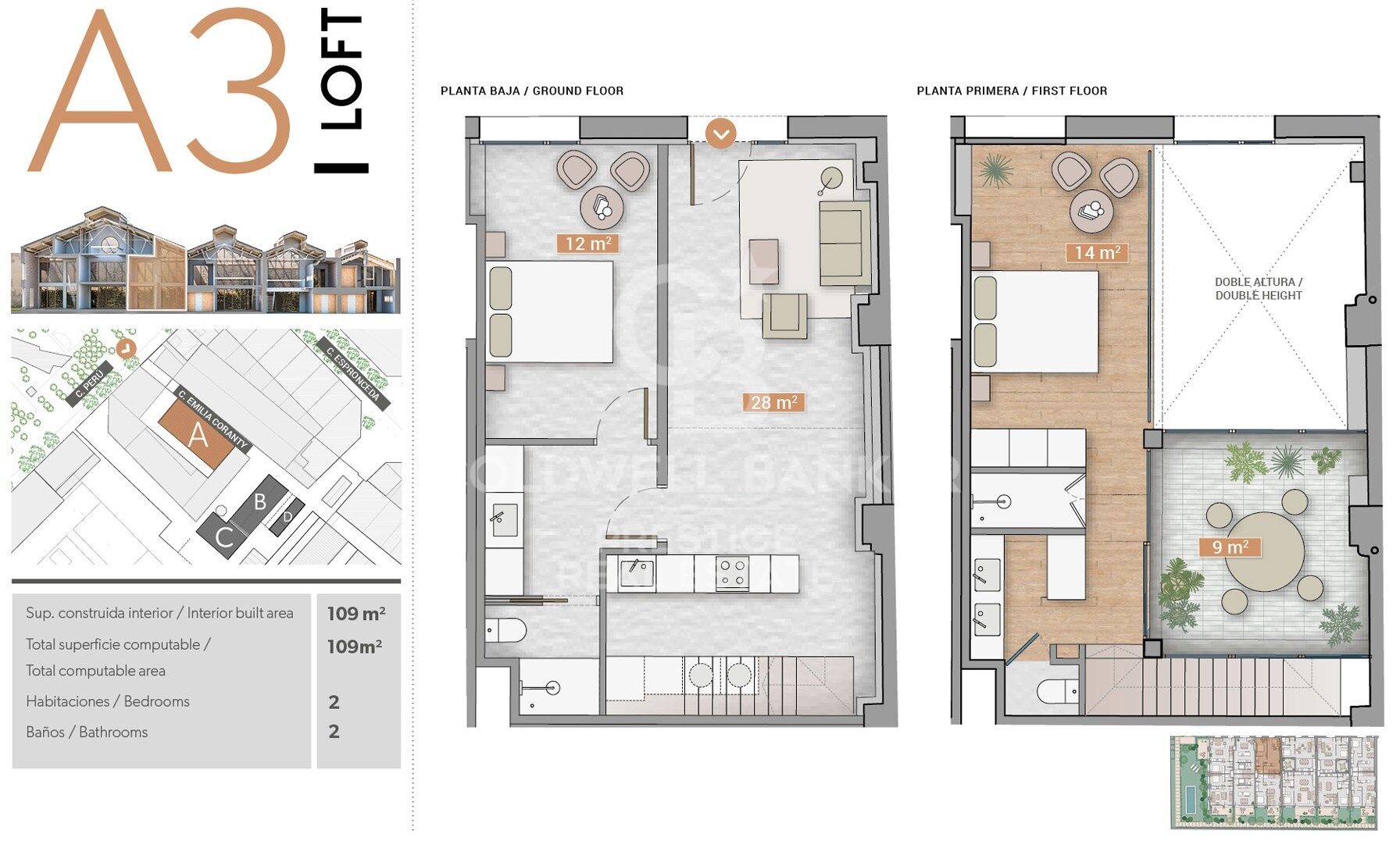 New development of 4 refurbished emblematic buildings with unique lofts for sale in Poblenou, Barcelona.