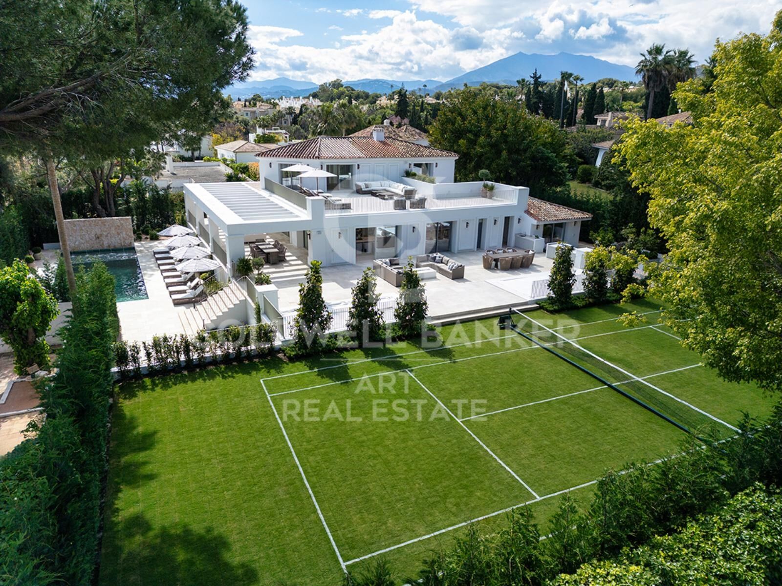 Newly-built designer Villa with Tennis Court & Mountain Views on Golden Mile, Marbella
